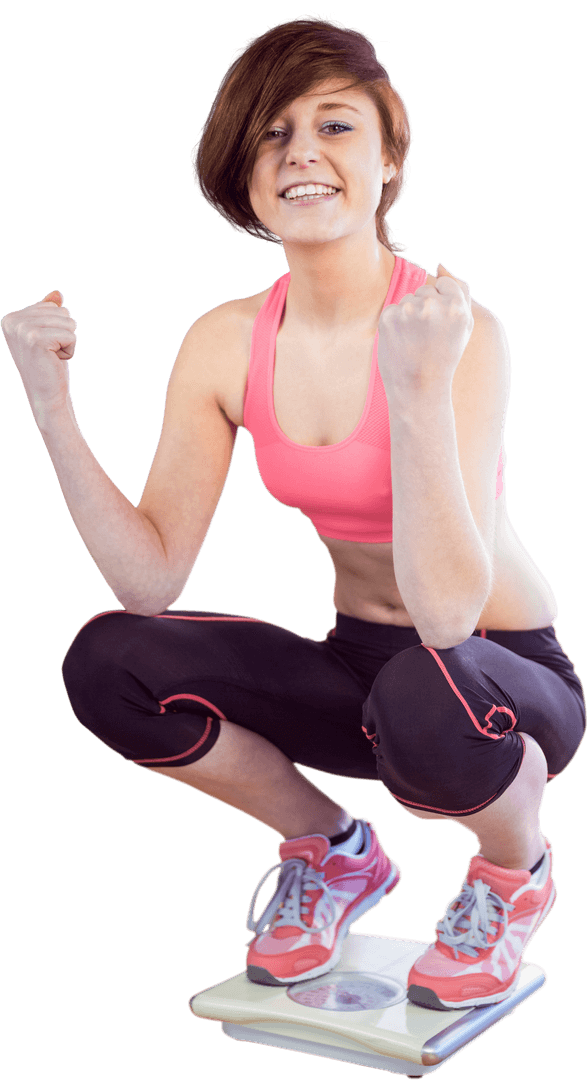 Transparent Joyful Woman Cheering While Standing on Weight Scale