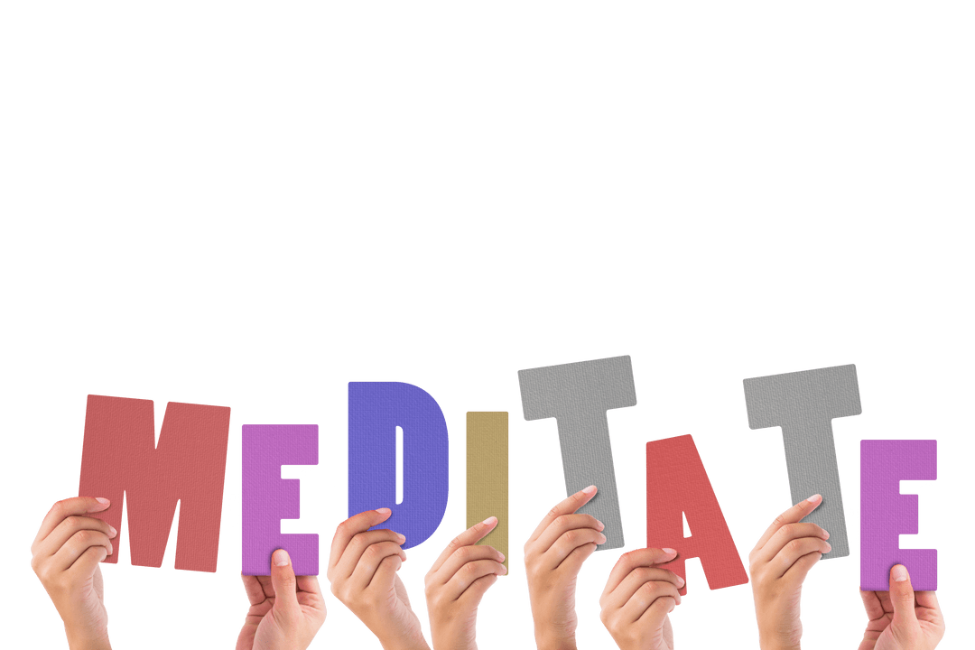 Hands Holding Colorful Transparent Lettering Word Meditate