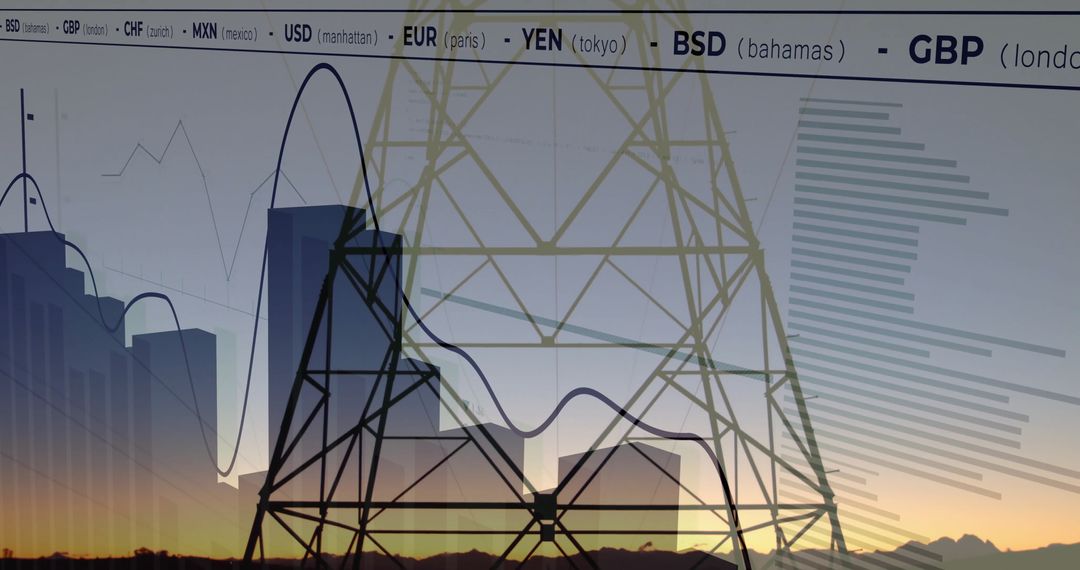 Electricity Tower Against Sunset with Financial Graph Overlay
