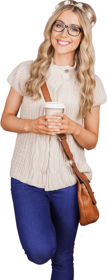 Happy Woman with Coffee on Transparent Background Lifestyle Concept