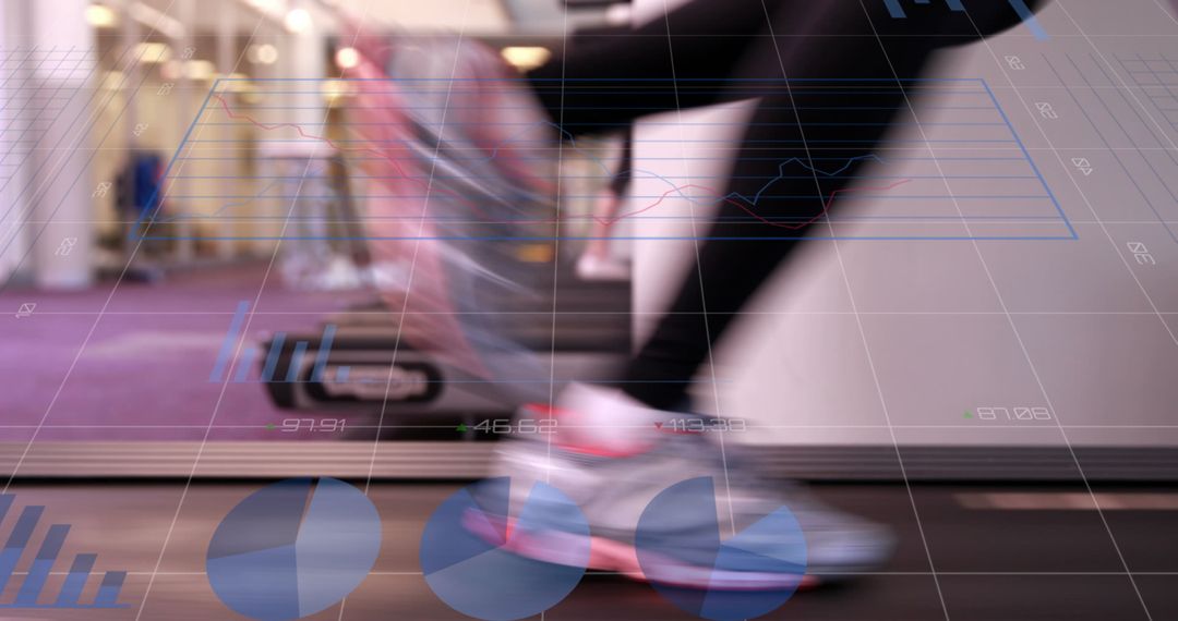 Woman Running on Treadmill with Digital Interface Overlays