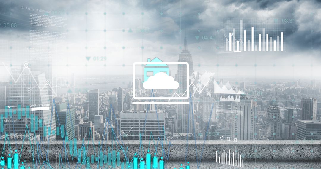 Digital Interface and Business Icons Over Cityscape