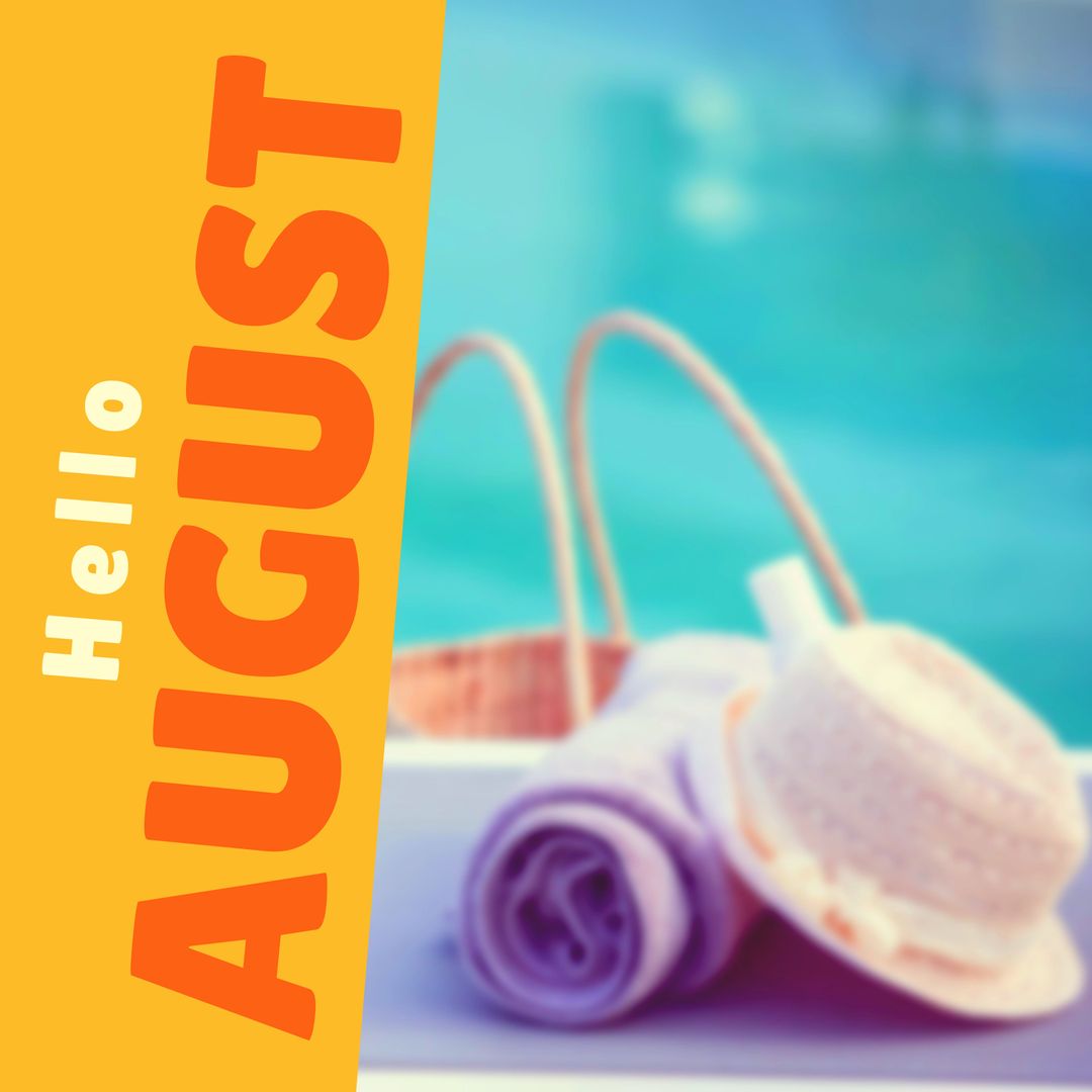 Hello August Lettering Near Summer Hats and Blanket by Poolside