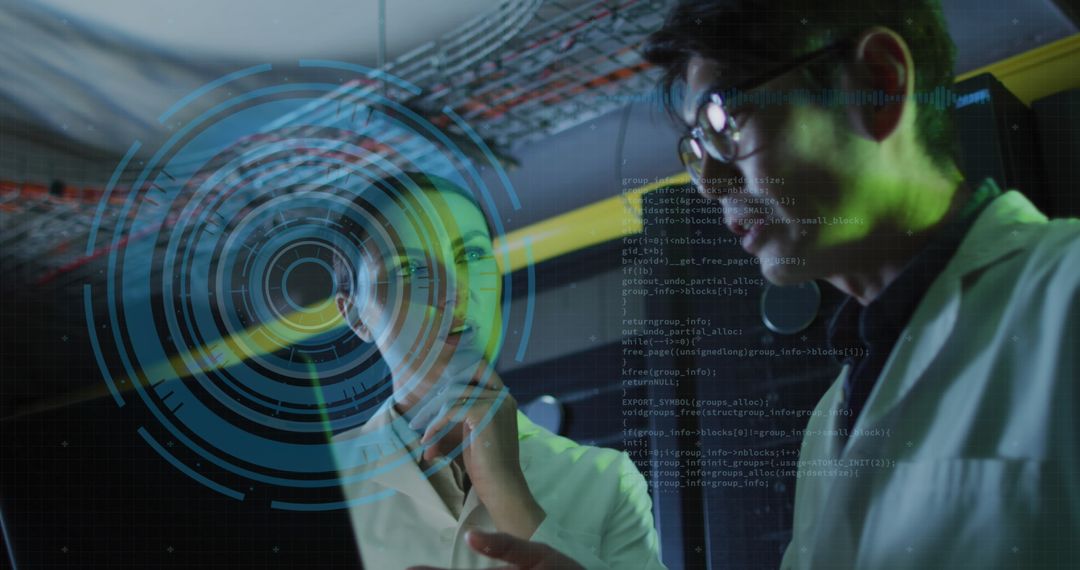 IT Engineers Analyzing Data by Server with Holographic Display - Free Images, Stock Photos and Pictures on Pikwizard.com