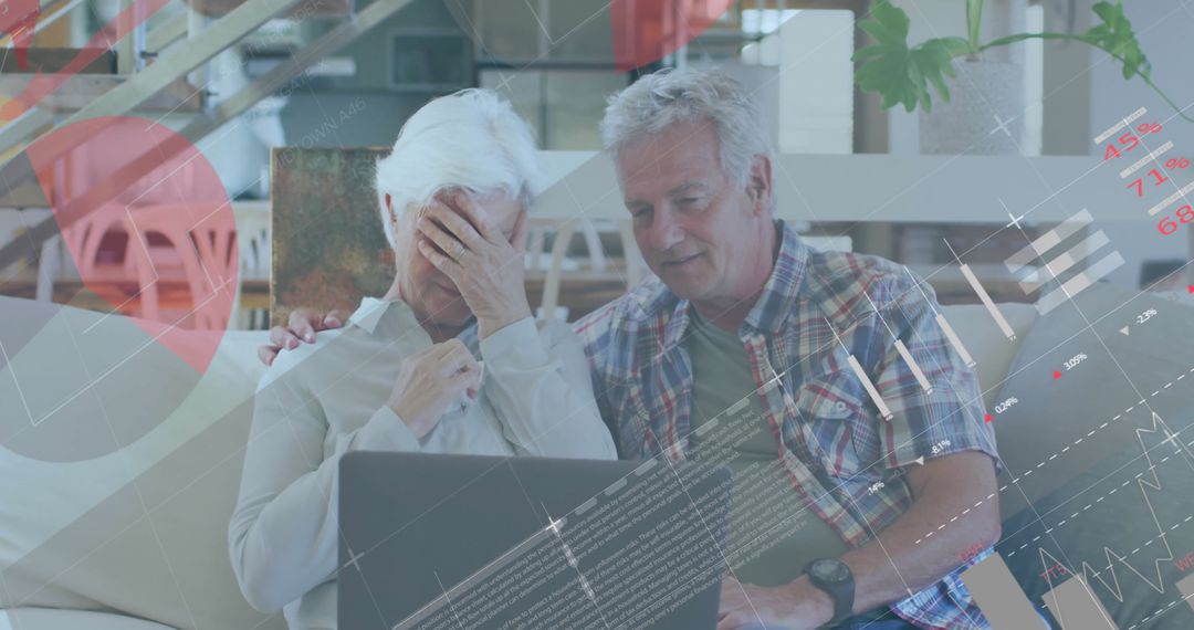 Worried Elderly Couple Analyzing financial Data on Laptop with Graphics Overlay