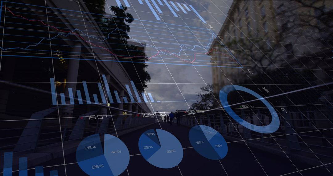 Digital Composite of Business Graphs Over City Street Scene