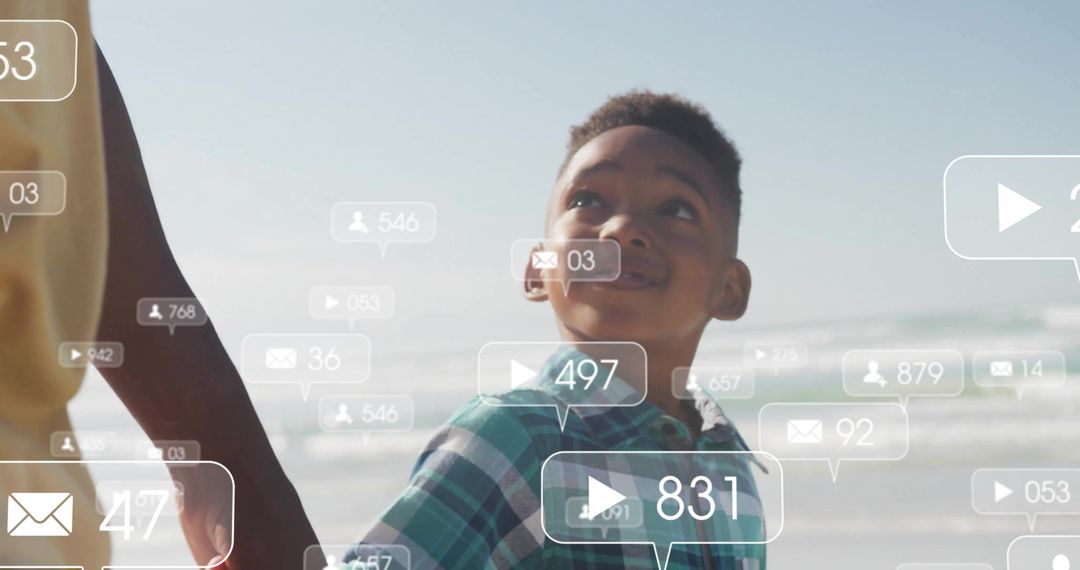 Father and Son Bonding at Beach with Social Media Pattern