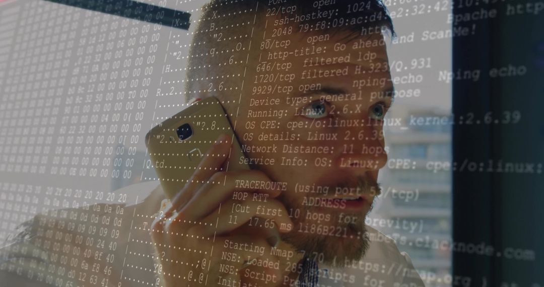 Engineer Discussing Technology with Network Overlay Visual