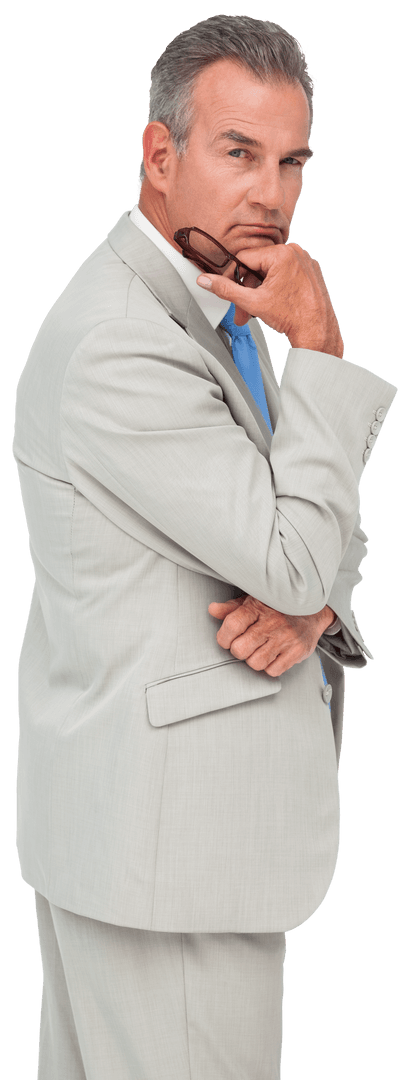 Pensive Businessman in Grey Suit on Transparent Background