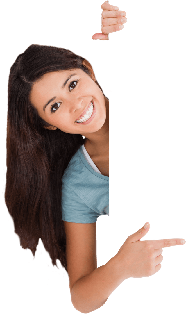 Smiling Woman Holding Transparent Blank Card