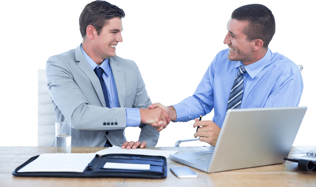 Transparent Business Partners Shaking Hands in Office Setting