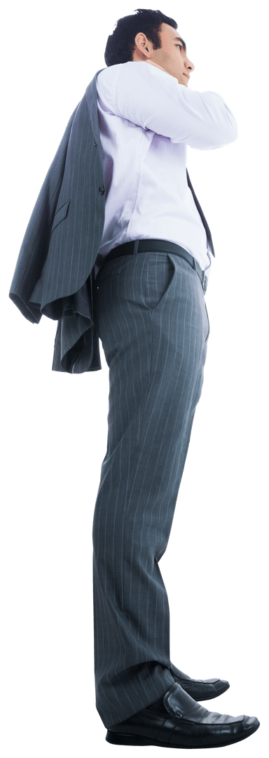 Side View of Confident Businessman Holding Jacket on Transparent Background