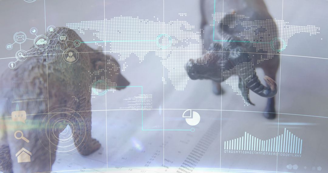Bear and Bull Figurines with Digital Financial Market Analysis Overlay