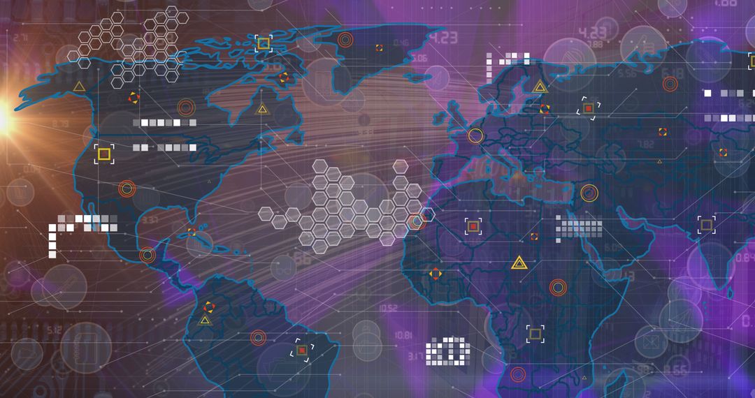 Digital World Map with Data Network Visualization and Icons