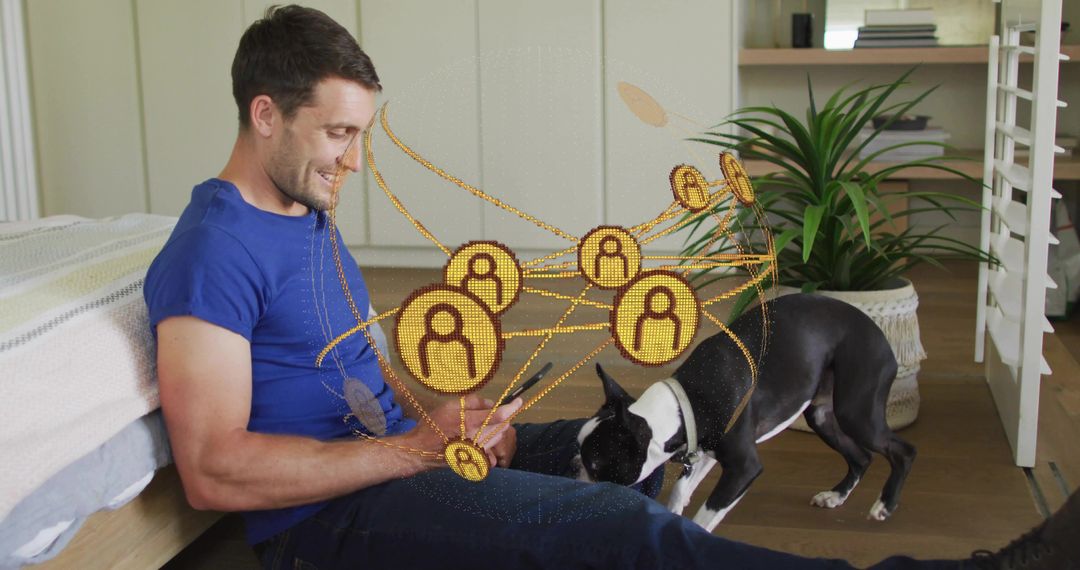 Man Relaxing with Smartphone and Dog, Exploring Digital Connectivity