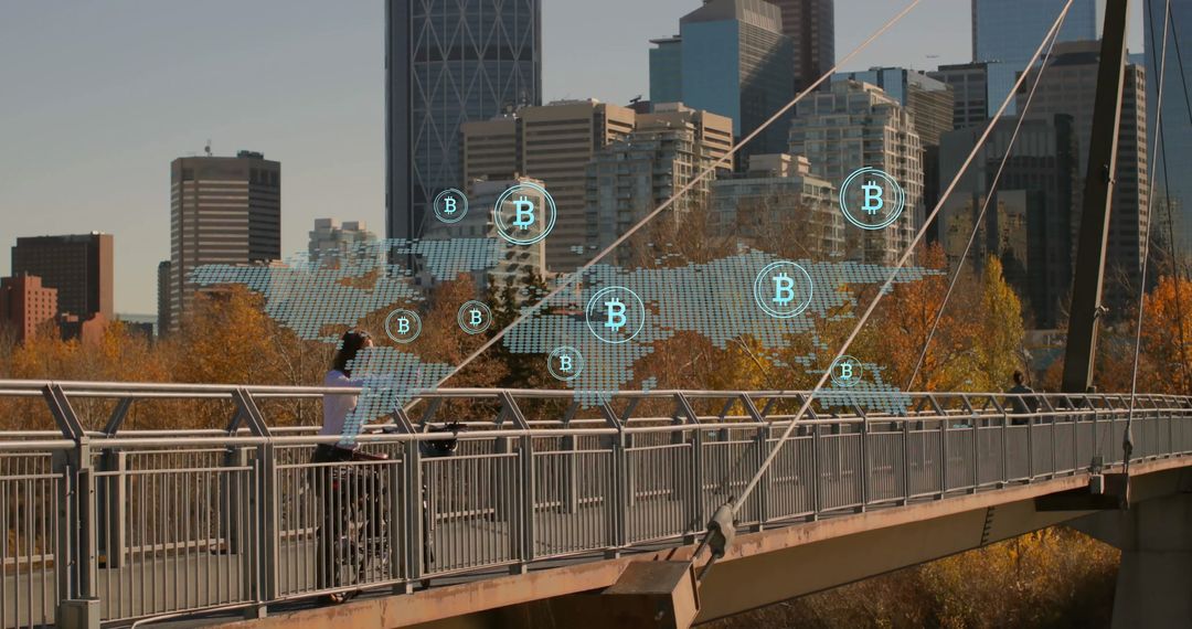 Digital Bitcoin Interface in Urban Cityscape