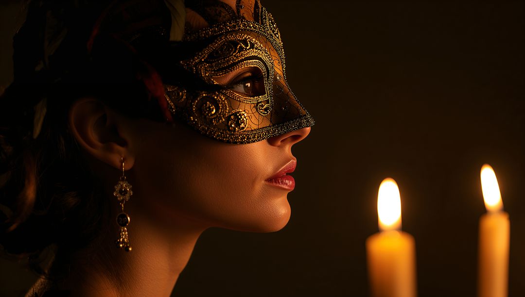 Elegant Woman in Intricate Masquerade Mask by Candlelight