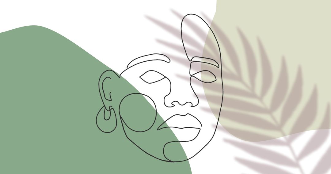 Abstract Line Art Face with Leaf Shadow on Green and White Background