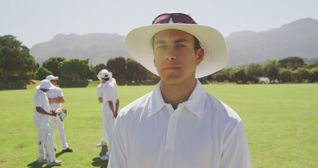 Cricket Player Wearing Sun Hat on Field with Teammates in Background - Free Images, Stock Photos and Pictures on Pikwizard.com