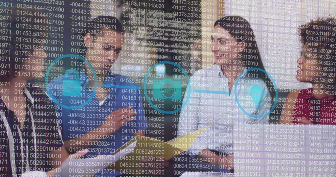 Business Team Collaborating with Digital Security Overlay in Meeting