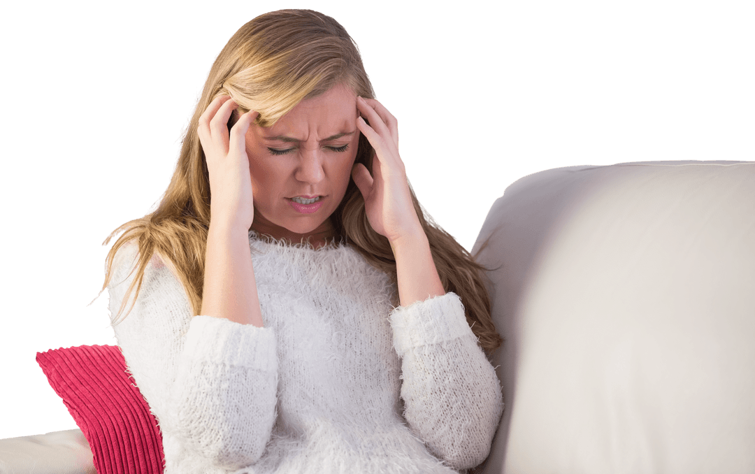Transparent Image of Woman Sitting with Headache on Couch
