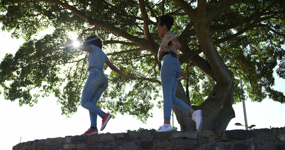 Happy biracial female twins walking on wall in sunny park - Free Images, Stock Photos and Pictures on Pikwizard.com