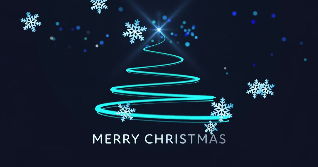 Digital Christmas Tree and Snowflakes on Dark Background
