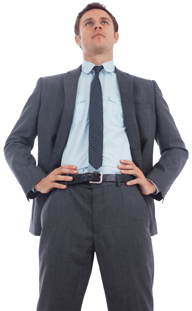 Confident Businessman in Suited Attire with Hands on Hips Transparent
