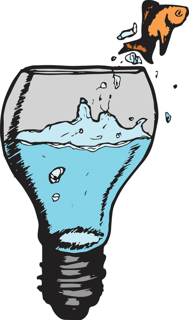 Creative Concept of Goldfish Leaping from Transparent Light Bulb Bowl