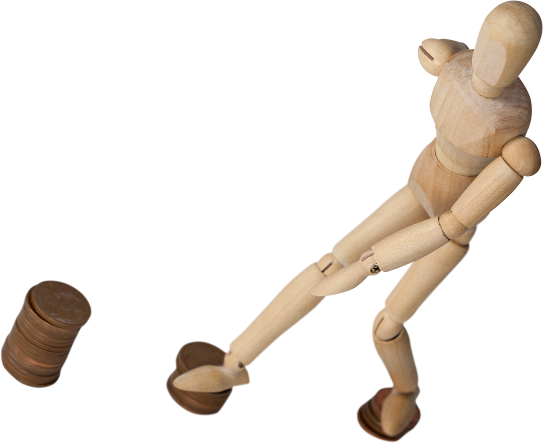 Transparent wooden figure stepping on coins versus upright tower - Download Free Stock Images Pikwizard.com