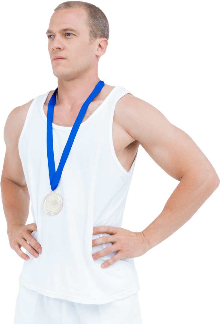 Confident Male Athlete Displaying Olympic Medal on Transparent Background