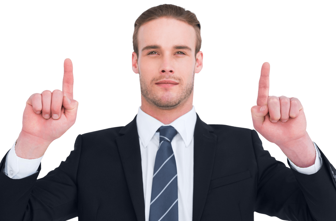 Transparent Businessman Pointing Up with Focused Expression