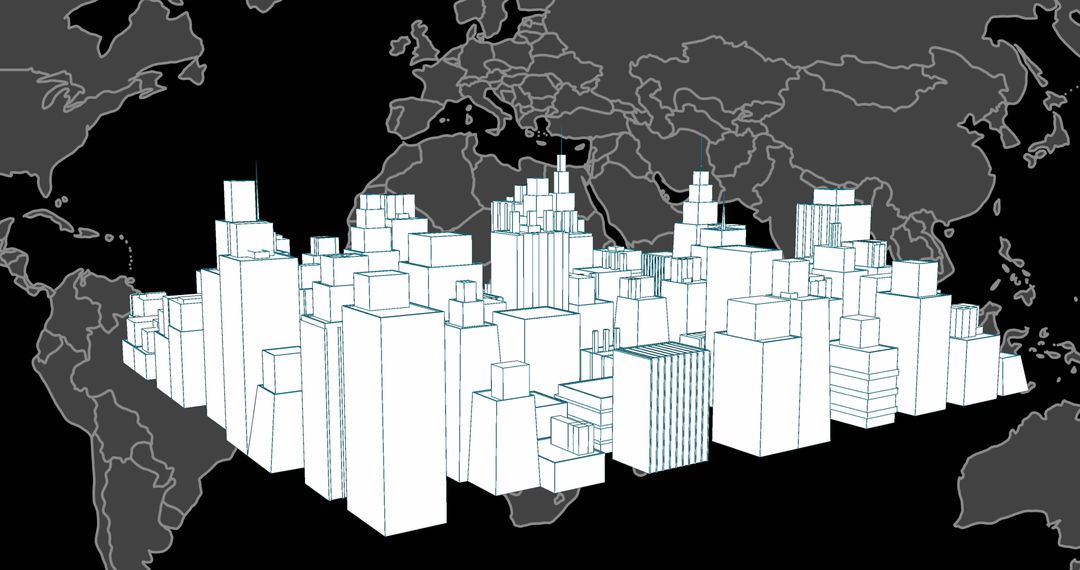 Digital Cityscape Overlaying World Map for Global Technology Concept
