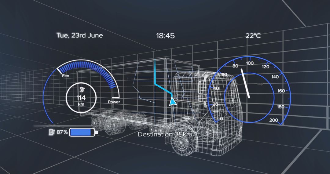 Futuristic Semi Truck Interface with Wireframe Simulation and Navigation