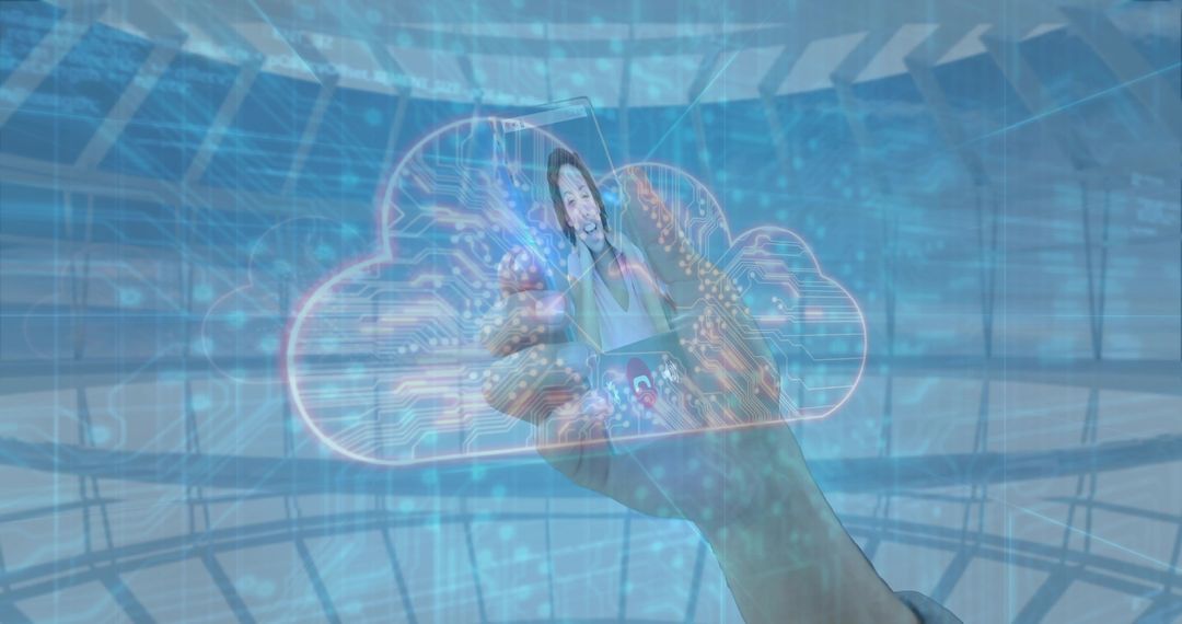 Holographic Interface with Virtual Assistant in Futuristic Hall