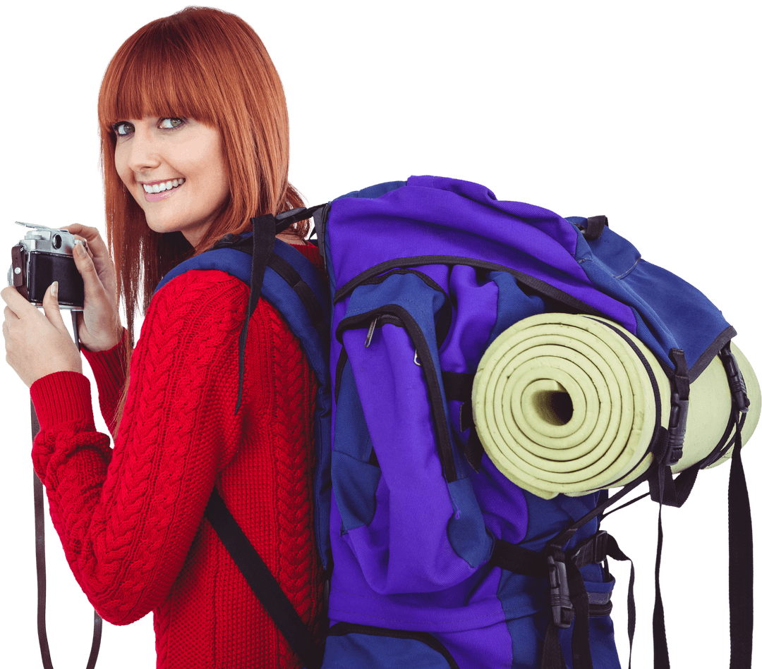 Smiling Woman with Backpack and Camera on Transparent Background