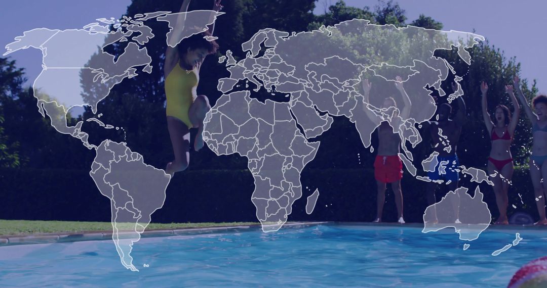 Vibrant Outdoor Pool Jump with World Map Overlay