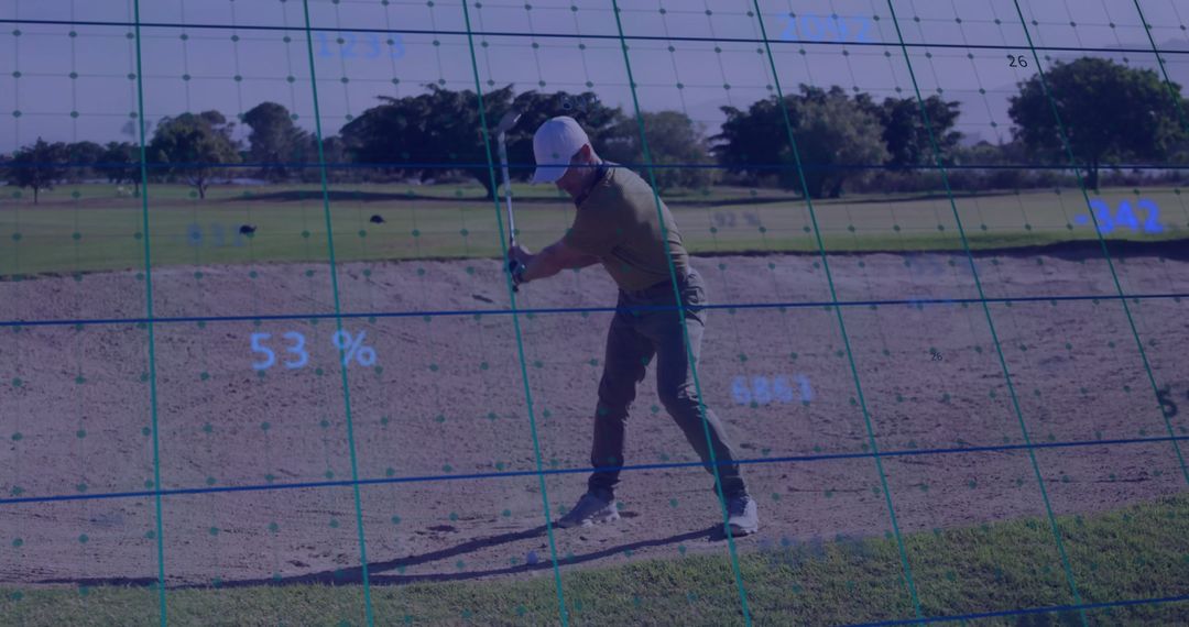 Senior Golfer Practicing Bunker Shot with Analytical Grid Overlay