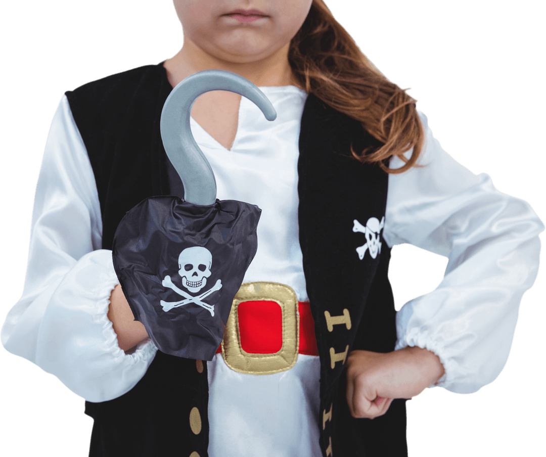 Child in Pirate Costume Holding Transparent Toy Hook