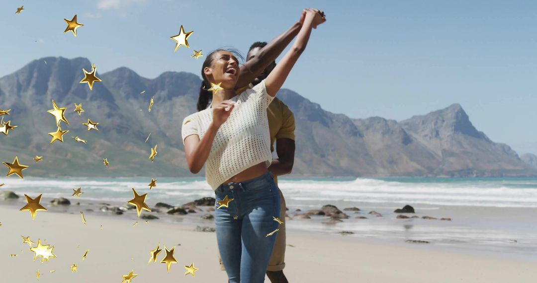 Carefree Couple Dancing on Scenic Beach with Golden Star Effects
