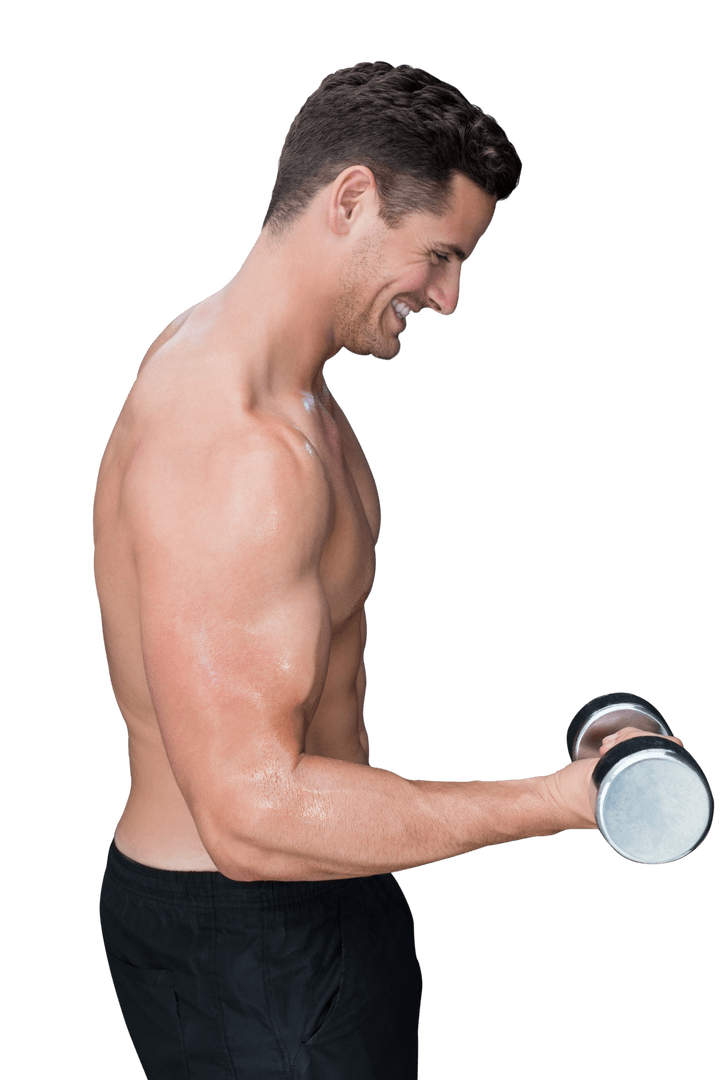 Shirtless Sportsman Exercising with Dumbbell on Transparent Background