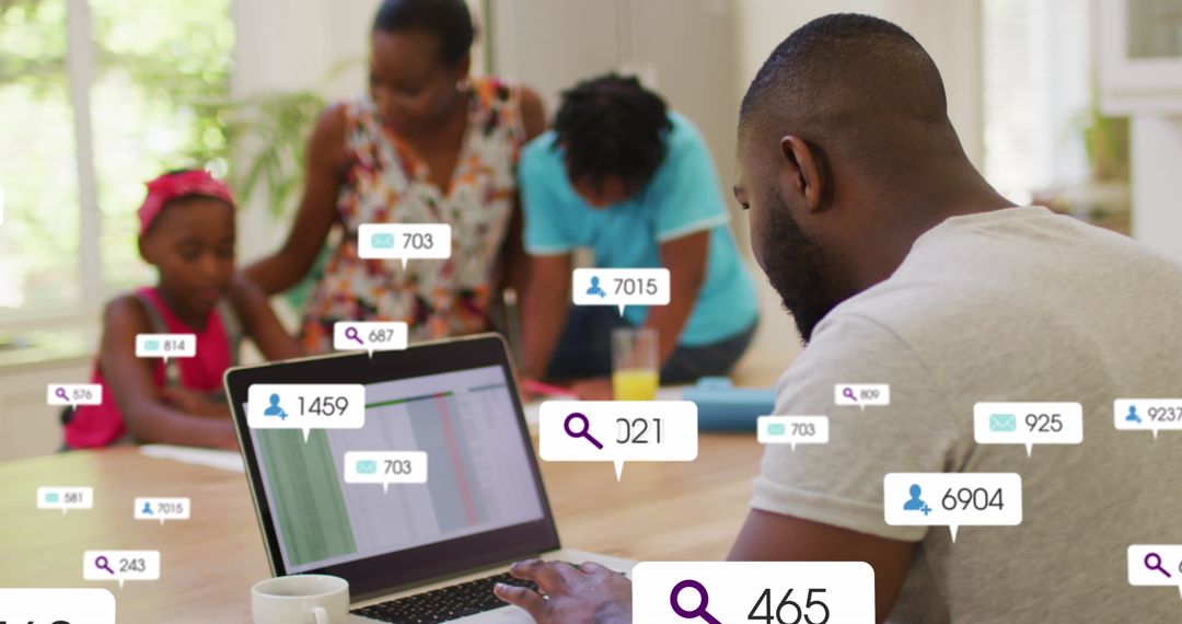 Businessman Analyzing Social Media Data with Family, Concept of Work-Life Balance