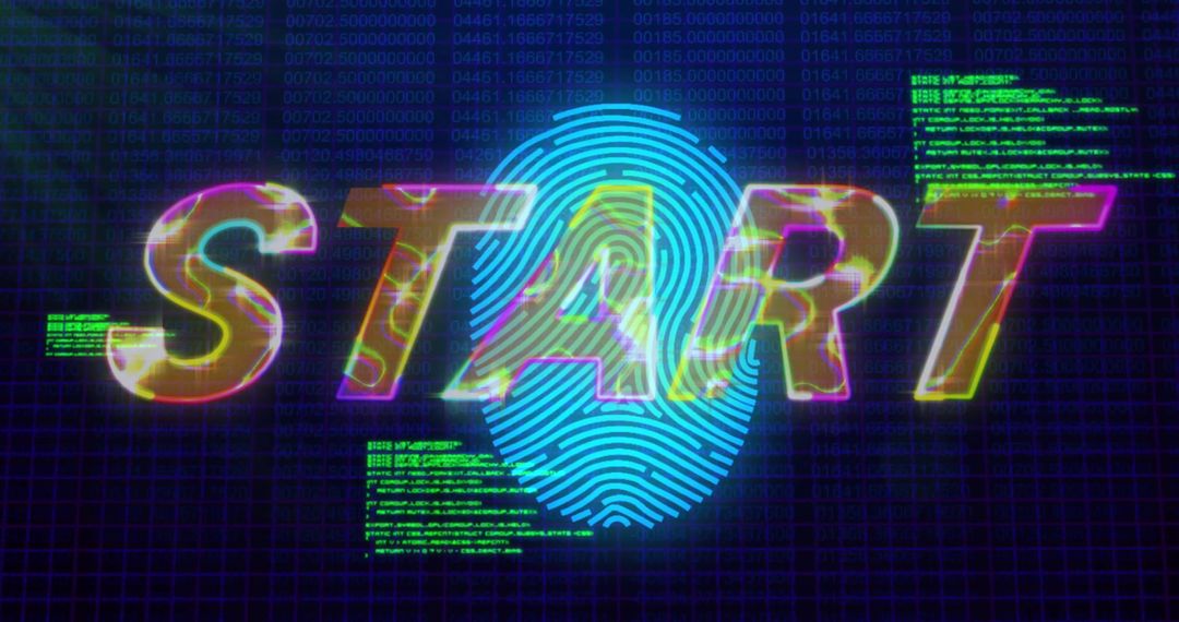 Start Text with Fingerprint Overlay and Digital Data Background
