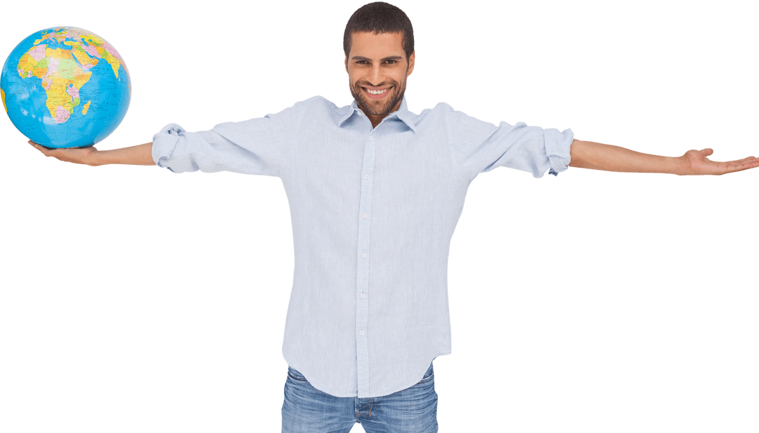 Smiling Man Holding Globe with Outstretched Arm on Transparent Background