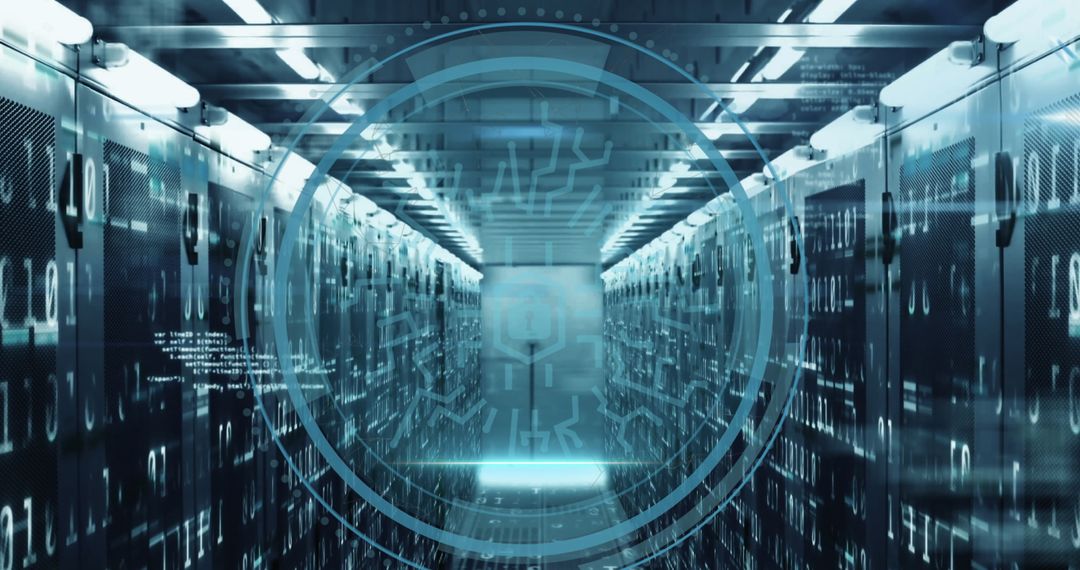 Futuristic Digital Security Overlay on Server Room