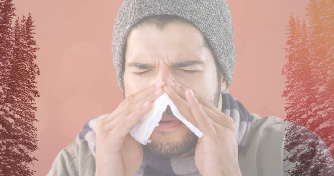 Man Sneezing With Tissues During Winter Season