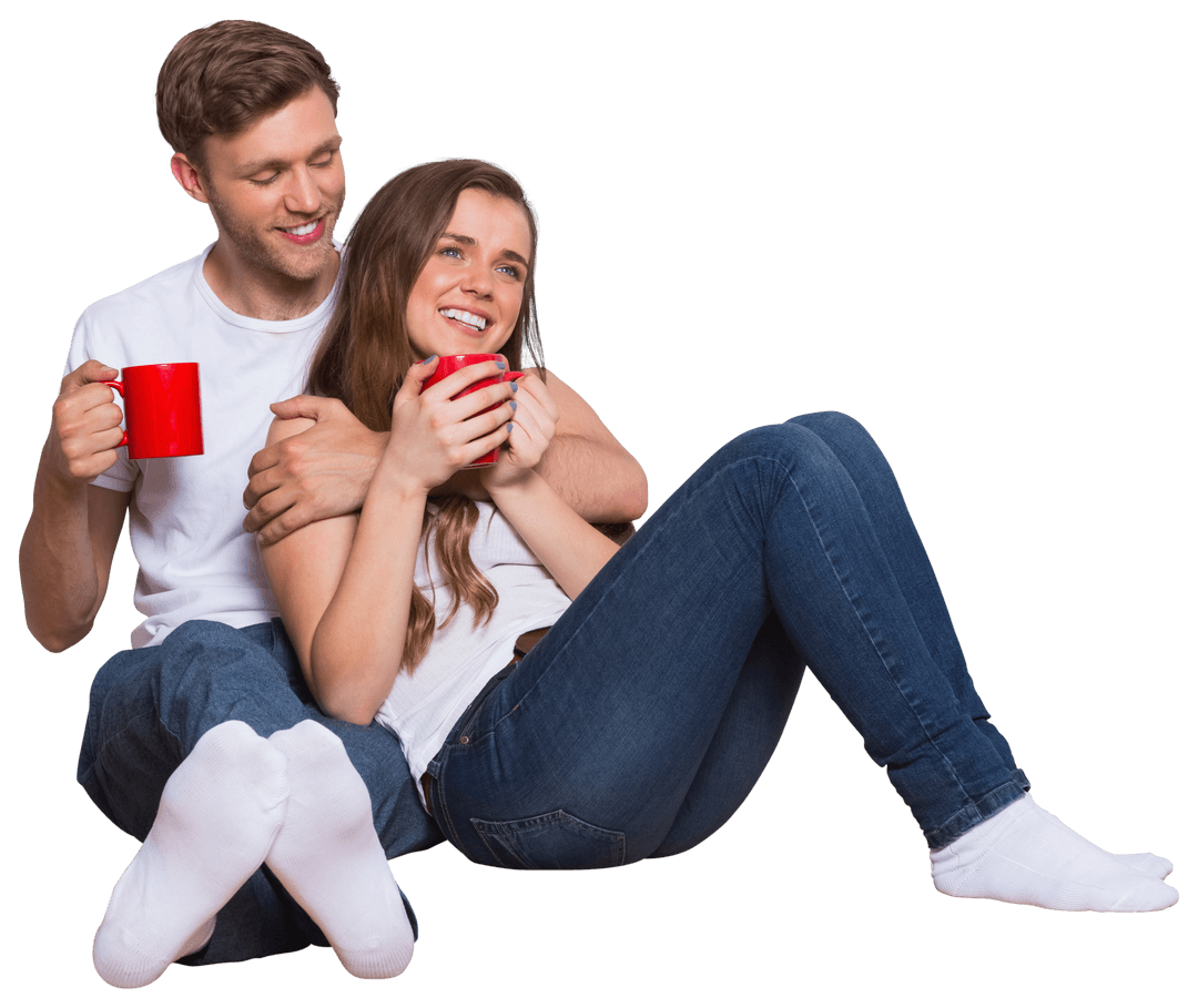 Happy Couple Embracing with Coffee on Transparent Background