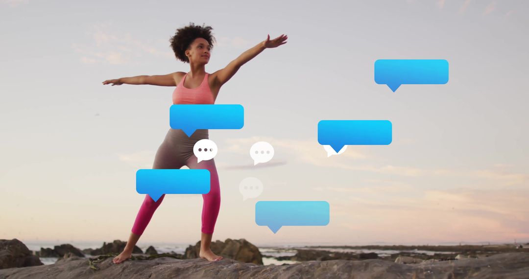 Woman Practicing Yoga on Rocky Shore with Floating Speech Bubbles