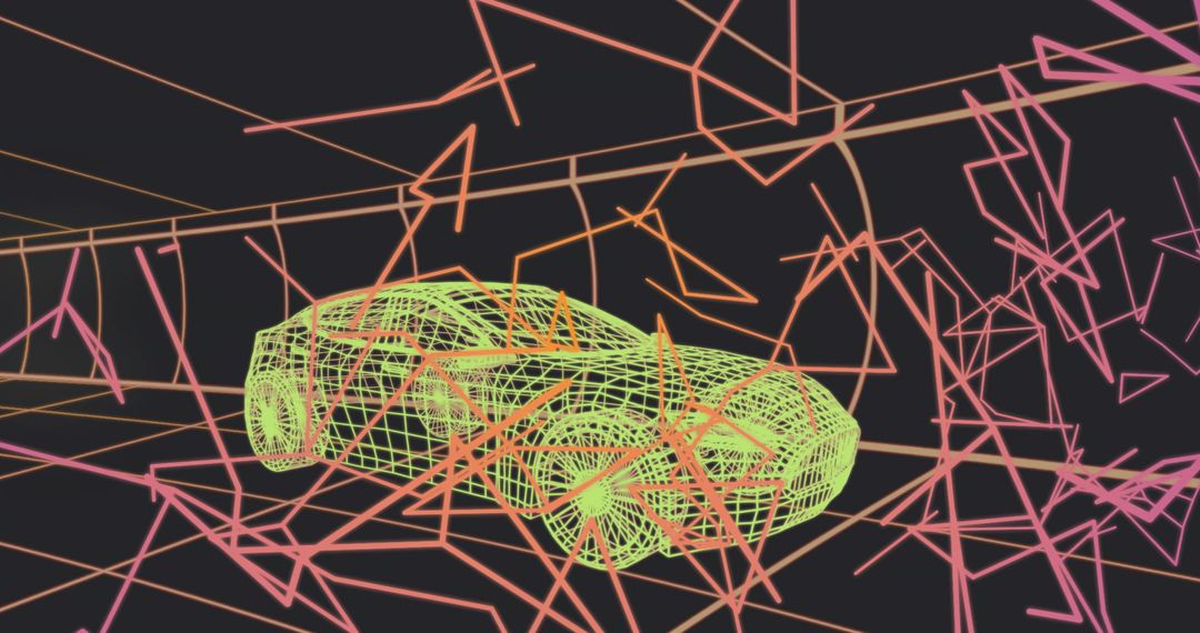 Neon Green Wireframe Car in Futuristic 3D Grid with Pink Geometric Light Trails