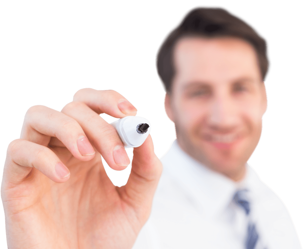 Transparent Smiling Businessman Writing with Black Marker